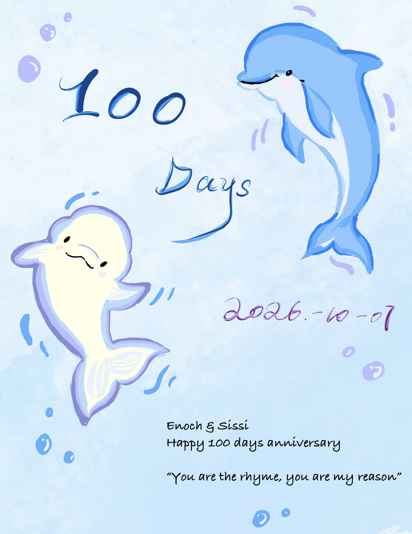 宝宝画的一百天纪念画:蓝色小海豚与白色小白鲸,写着 100 Days、Enoch & Sissi Happy 100 days anniversary